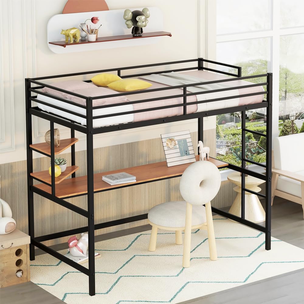 HomJoones Loft Bed with Desk, Loft Bunk Bed Over Desk and Bookcase with Metal Frame, 12.8" H Safety Guardrail, Noise Free, No Box Spring Needed, Twin (Black) HomJoones