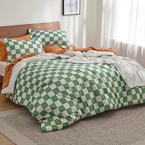 Bedsure Comforter Set Queen Size - Checkered Bedding Comforter Set for Boys, 3 Pieces, 1 Soft Green Comforter and 2 Pillow Shams Bedsure