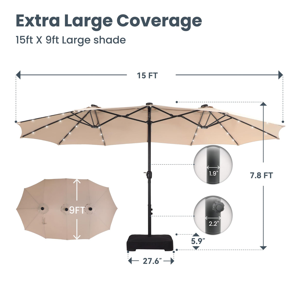PHI VILLA 15ft Large Patio Umbrella with Base & Solar Lights, Double-Sided Outdoor Rectangle Umbrellas with 36 LED Lights, Umbrella for Outside with Stand, Beige PHI VILLA