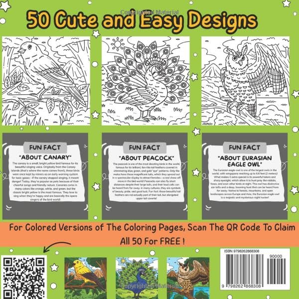 Birds Coloring Book for Kids: 50+ Fun Bird Scenes and Mind-Blowing Facts for Young Bird Enthusiasts Majosta