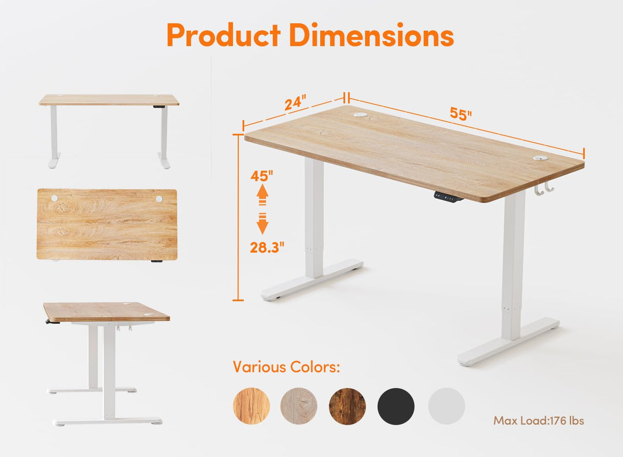 BANTI 55'' Standing Desk, Electric Stand up Height Adjustable Home Office Table, Sit Stand Desk with Splice Board, Maple BANTI
