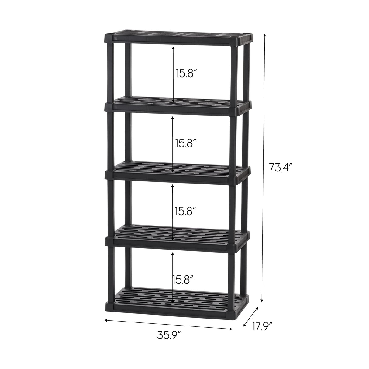 IRIS USA 5-Tier Heavy Duty Plastic Shelving Unit, 73" Tall - 100lbs per Shelf, Modular Garage Rack Storage Organizer for Home, Basement, Laundry & Utility Room, 18"D x 36"W x 73"H - Black IRIS