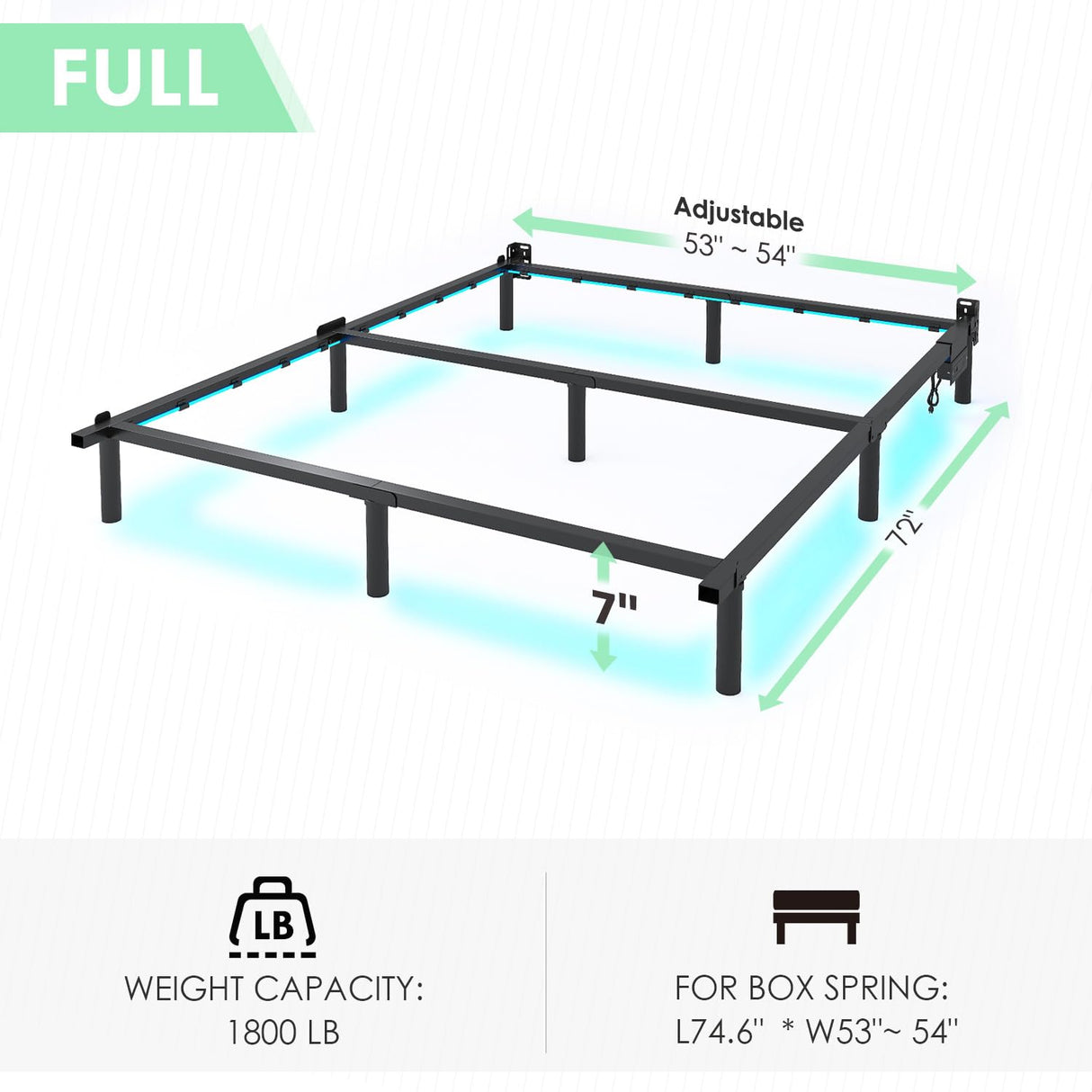 QEROMY Full Bed Frame for Box Spring, 7 Inch Metal Bed Frame with LED Lights, 9-Legs Support Bed Base, Tool-Free Easy Assembly QEROMY