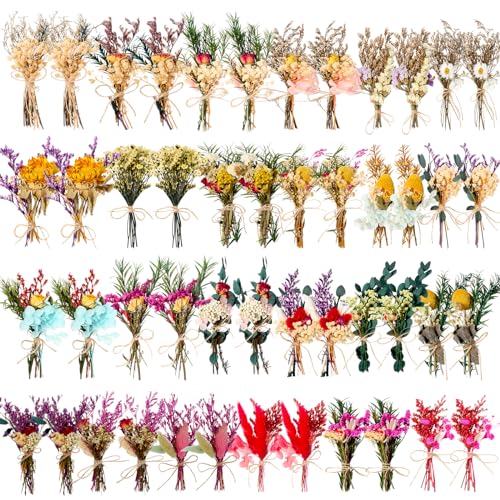 Tinideya 48 Pcs Dried Flowers Bouquet Boho Mini Dried Flower with Stem Small Dried Floral Plants Mixed Natural Flowers Bundles for Crafts Vase DIY Photo Props Wedding Decoration Tinideya