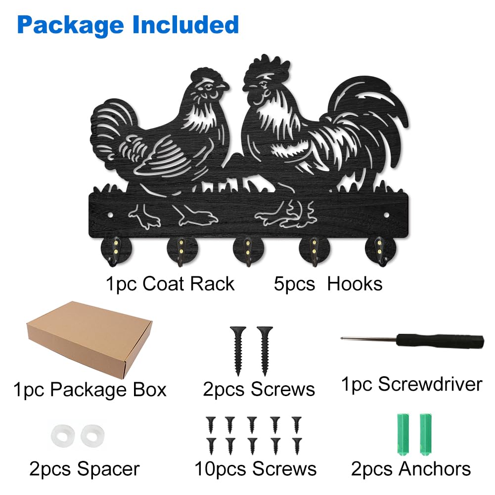 MAYJOYDIY Rooster Hen Coat Hooks Wall Mount Wood Farmhouse Animal Mushroom Key Holder for Wall 11.8×7.9inch Decorative Key Rack 5 Alloy Hooks for Gift Hallway Entryway Kitchen Farm Decor MAYJOYDIY