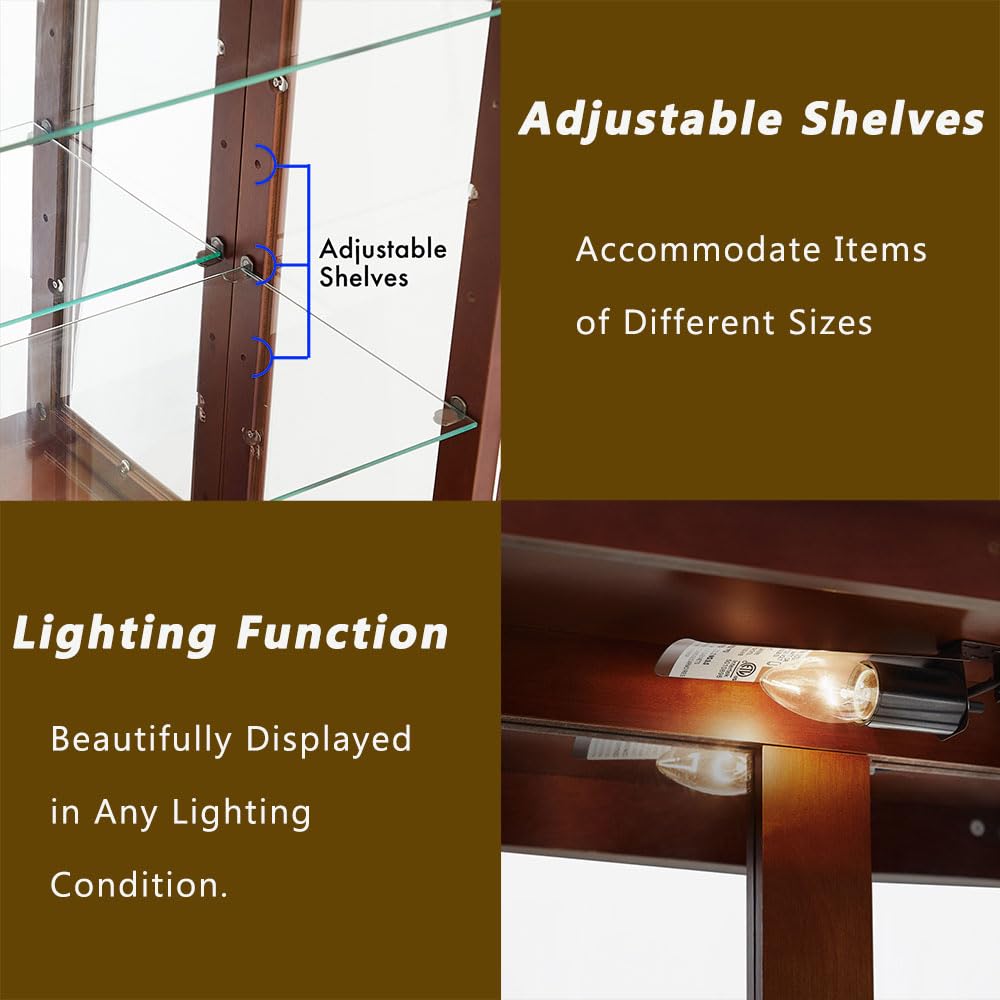 Anwick China Cabinet &Curio Cabinets with Glass Doors, Lighted Display Cabinet with Mirrored Back Panel, Tempered Glass and 3 Tiers Adjustable Shelves (Cherry) Anwick