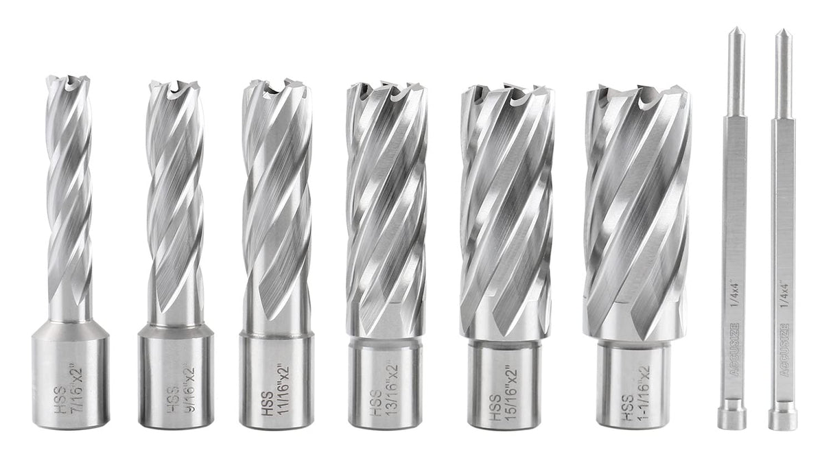 Accusize Industrial Tools Hss Annular Cutter Set, 2'' Cutting Depth, 7/16'' to 1-1/16'' Slugger Cutter, 8 Pcs/Set, HSS2-0000 Accusize Industrial Tools