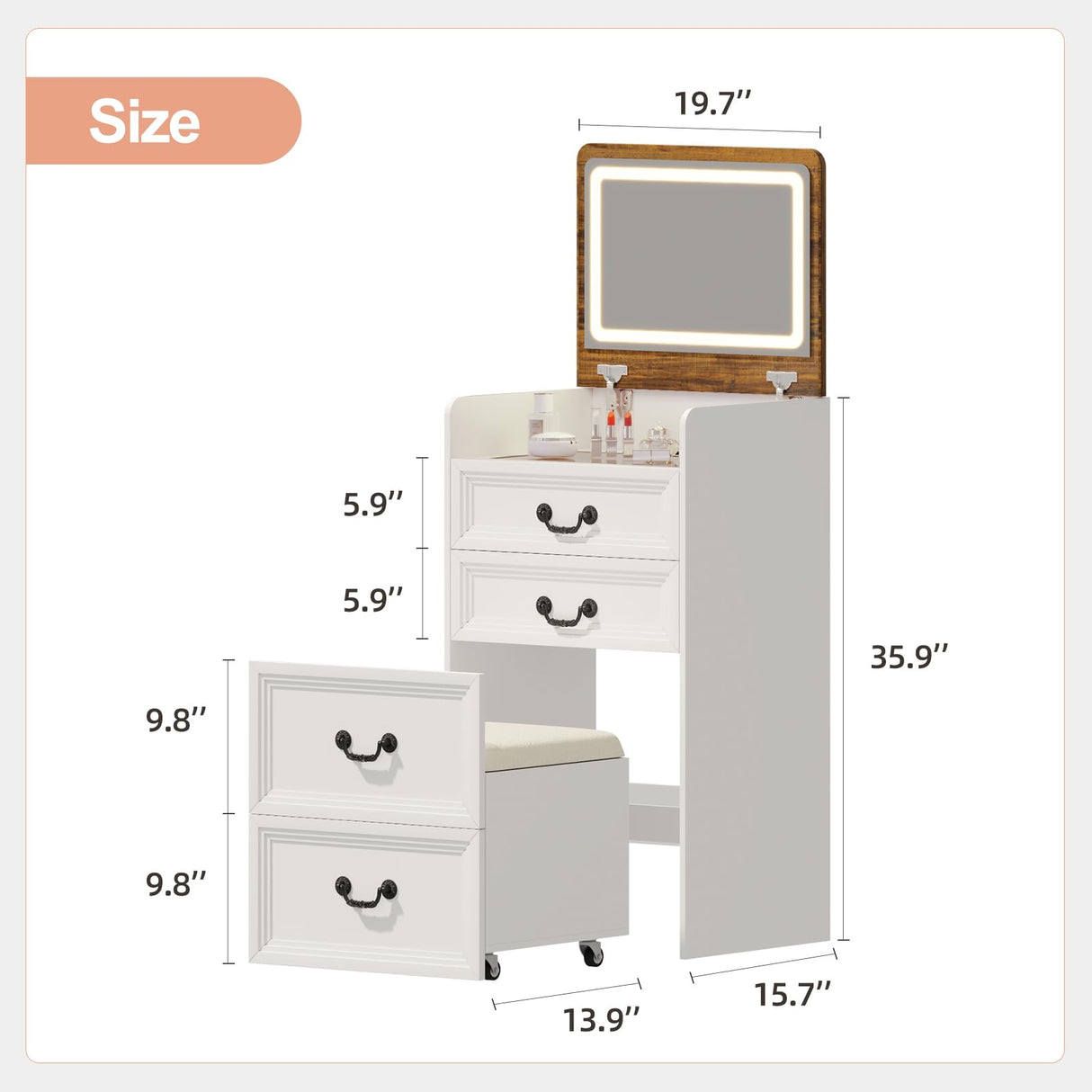 Trygoal 3 in 1 Compact Vanity, Small Dresser Desk with Flip-Top Mirror & Hidden Stool, Farmhouse Vanity Desk with USB Charging Station & 3-Color Lighting, Nightstand with Visible Glass Desktop, White Trygoal