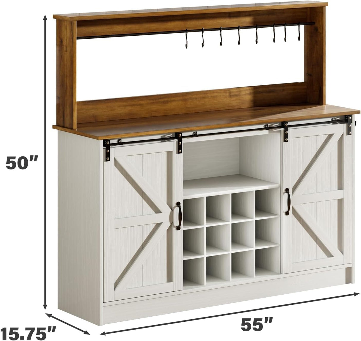 4ever2buy Farmhouse Coffee Bar Cabinet with 8 Hooks, 55 Inch Coffee Bar with Sliding Barn Doors, Tall Hutch Cabinet with Storage, White Coffee Bar with 12 Racks for Living Dining Room 4ever2buy