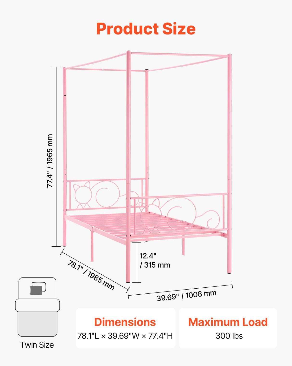 VEVOR Canopy Bed Frame Twin Size, Metal Canopy Bed with Minimalist Headboard & Four Posters Design, Heavy Duty Steel Slats Support, Underbed Storage Space, No Box Spring Needed, Easy Assembly, Pink VEVOR