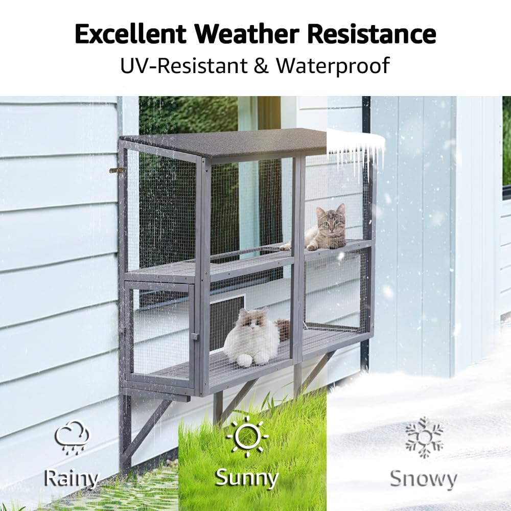 beeNbkks Cat Catio, 2 Tiers Window Box Enclosure for Multiple Indoor Cats, Expandable Wooden Cat Window Perch House, Secure Comfortable Outdoor Haven for Cats, All Weather Use, Nature Friendly Design beeNbkks