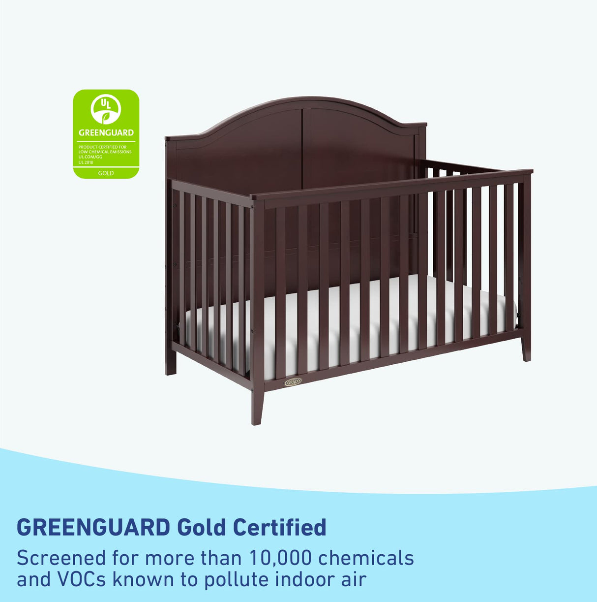 Graco Wilfred 5-in-1 Convertible Crib (Espresso) – GREENGUARD Gold Certified, Converts to Toddler Bed and Full-Size Bed, Fits Standard Full-Size Crib Mattress, Adjustable Mattress Support Base Graco