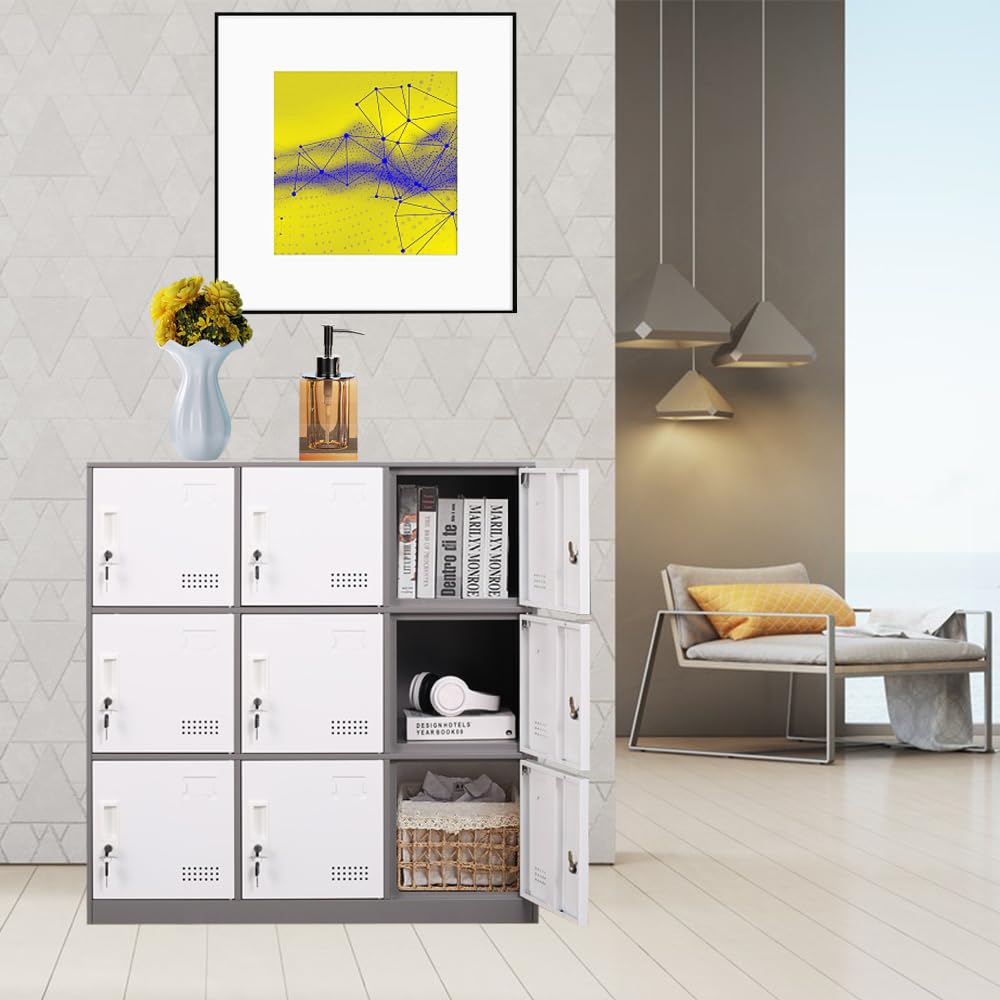 iCHENGGD Metal Locker 9 Door Storage Cabinet, Steel Storage Lockers for Employees, with Lock and Ventilation, Office School Gym Use (Grey) iCHENGGD