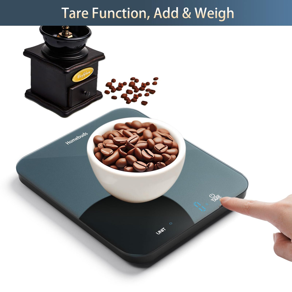 Homebuds Food Scale, 33lb/15kg Digital Kitchen Scale, Weight Grams and Ounces in 1g/0.1oz Precision for Baking and Cooking, LED Display, 3*AAA Batteries Included, Tempered Glass, Blue HomeBuds