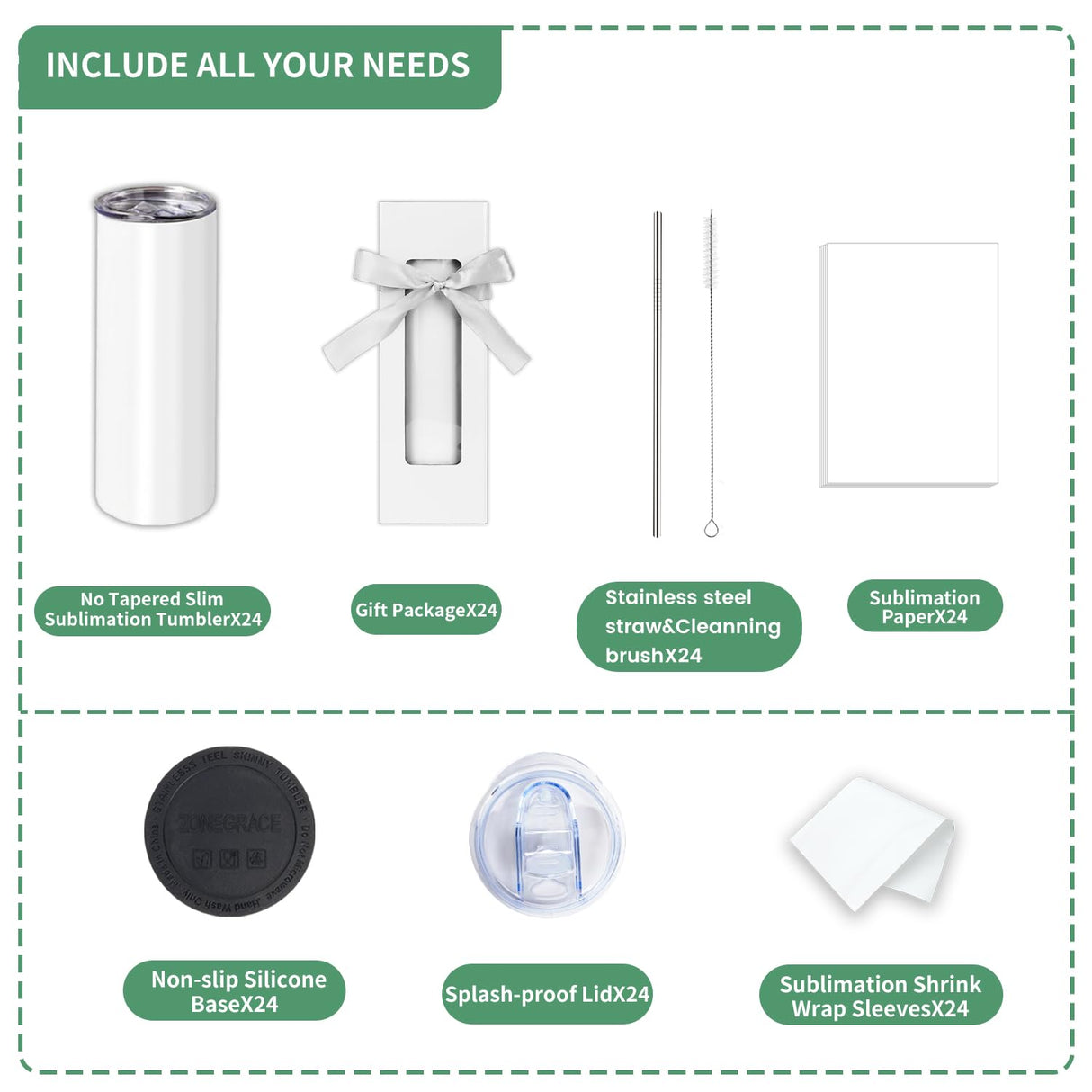 Sublimation Tumblers bulk 20 oz Skinny, 24 Pack Stainless Steel Double Wall Insulated Straight Sublimation Tumbler Cups Blank White with Lid, Individually Box,Polymer Coating for Heat Transfer ZONEGRACE