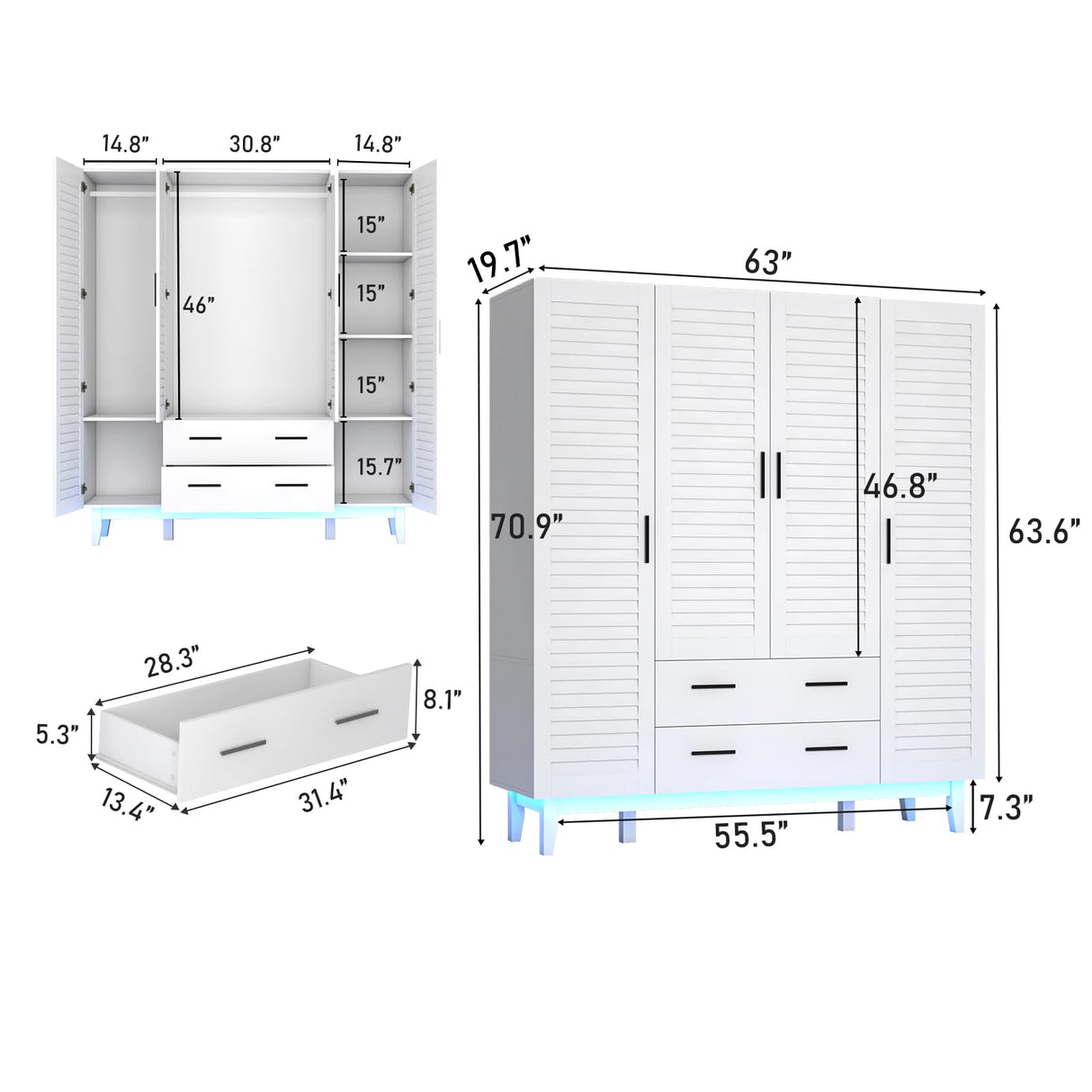 jiteentarou 4 Door Armoire Wardrobe Closet Cabinet with Drawers and LED Lights, Multi-Tier Shelves, Hanging Rod & 4 Louver Doors, Large Capacity Storage Wardrobe Armoire for Bedroom(4 Doors White) jiteentarou