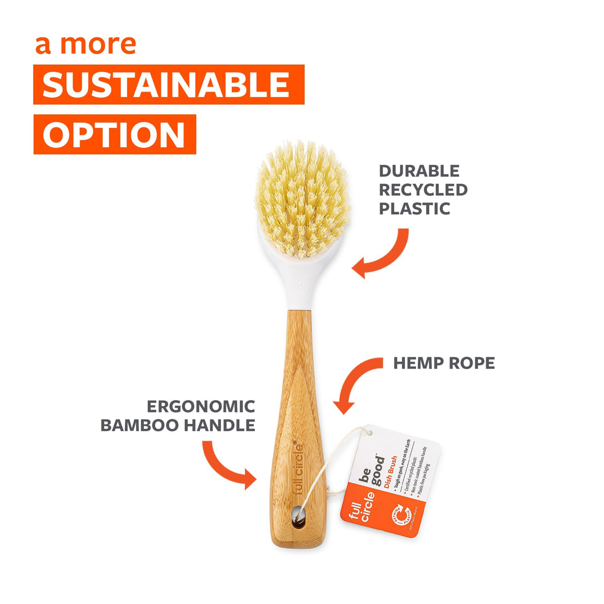 Full Circle Be Good Bamboo Handle Dish Brush – Sustainable Kitchen Cleaning with Tough Bristles - Natural Dish Scrubber & Cast Iron Cleaner - Long Handle Brush for Dishes, Pots, and Pans, White Full Circle