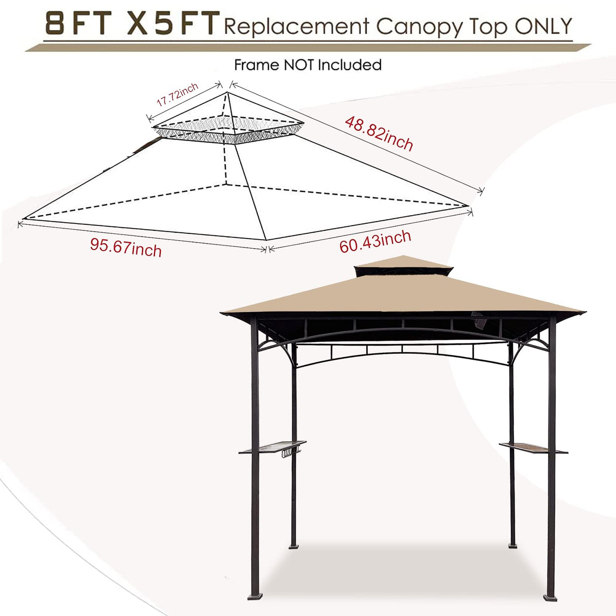 Grill Gazebo Replacement Canopy Roof – Hugline 5x8 Outdoor Grill Shelter Canopy Top Double Tiered BBQ Tent Cover Fit for Model L-GG001PST-F (Beige) Hugline