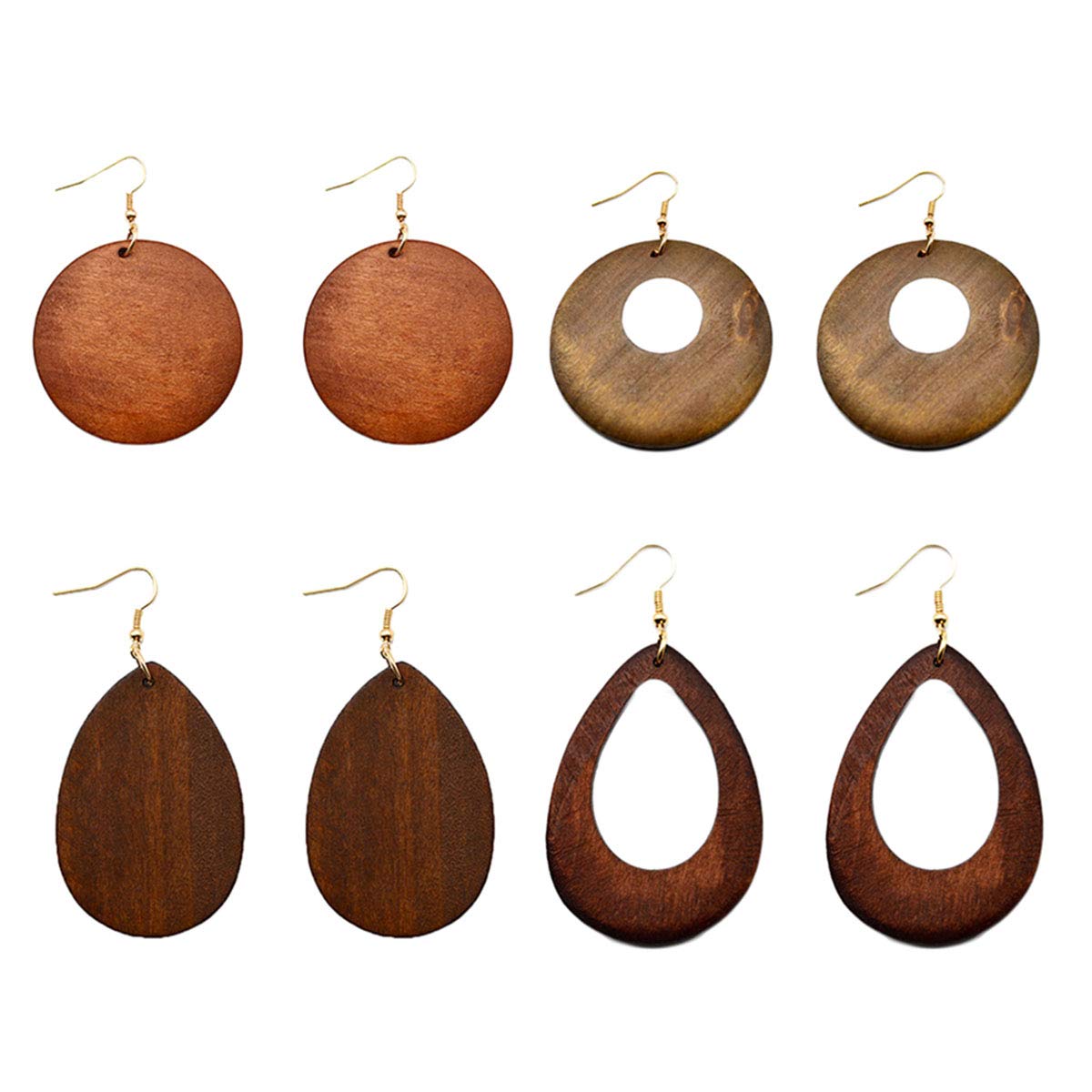 4 Pairs Ethnic Big Geometric Round Circle Teardrop Wood Dangle Earrings Wooden Drop Sets for Women COLORFUL BLING