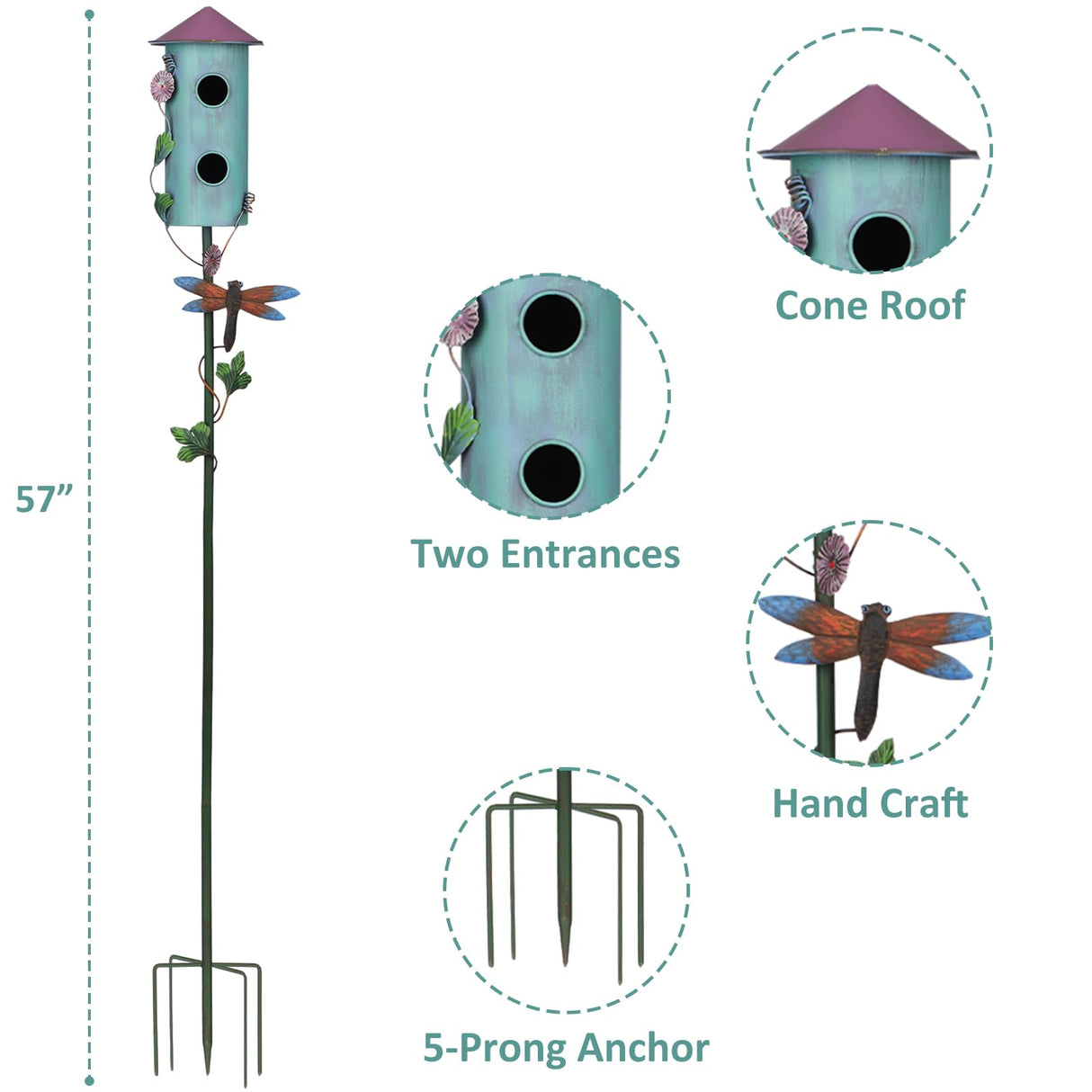 BAYN 57” Bird Houses Stake for Outside, Metal Wild Bird Feeder Double-Hole Birdhouse Stake with Cylinders Design Outdoor Decorations for Patio, Backyard, Garden BAYN