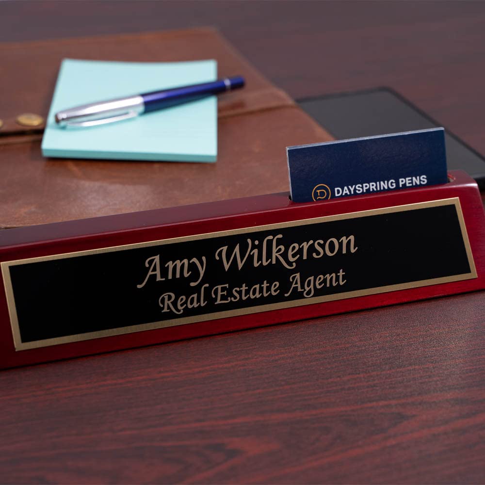 Dayspring Pens | Engraved Woodmark Rosewood Desk Wedge with Custom Name Plate and Business Card Holder. Personalized Office Gift for Business Dayspring Pens
