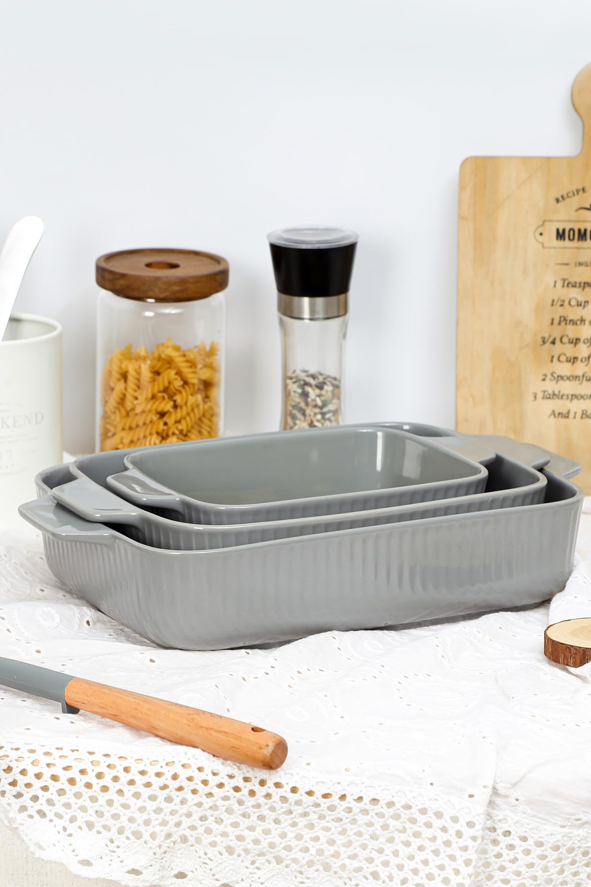 Yachi Ceramic Baking Dish Set: 3 Pcs Rectangular Bakeware Set Casserole Dishes with Handle for Steak | Beef | Roast | Chicken | spaghetti | Lasagna | vegetables Microwave, Oven and Dishwasher Safe (Gray) Yachi