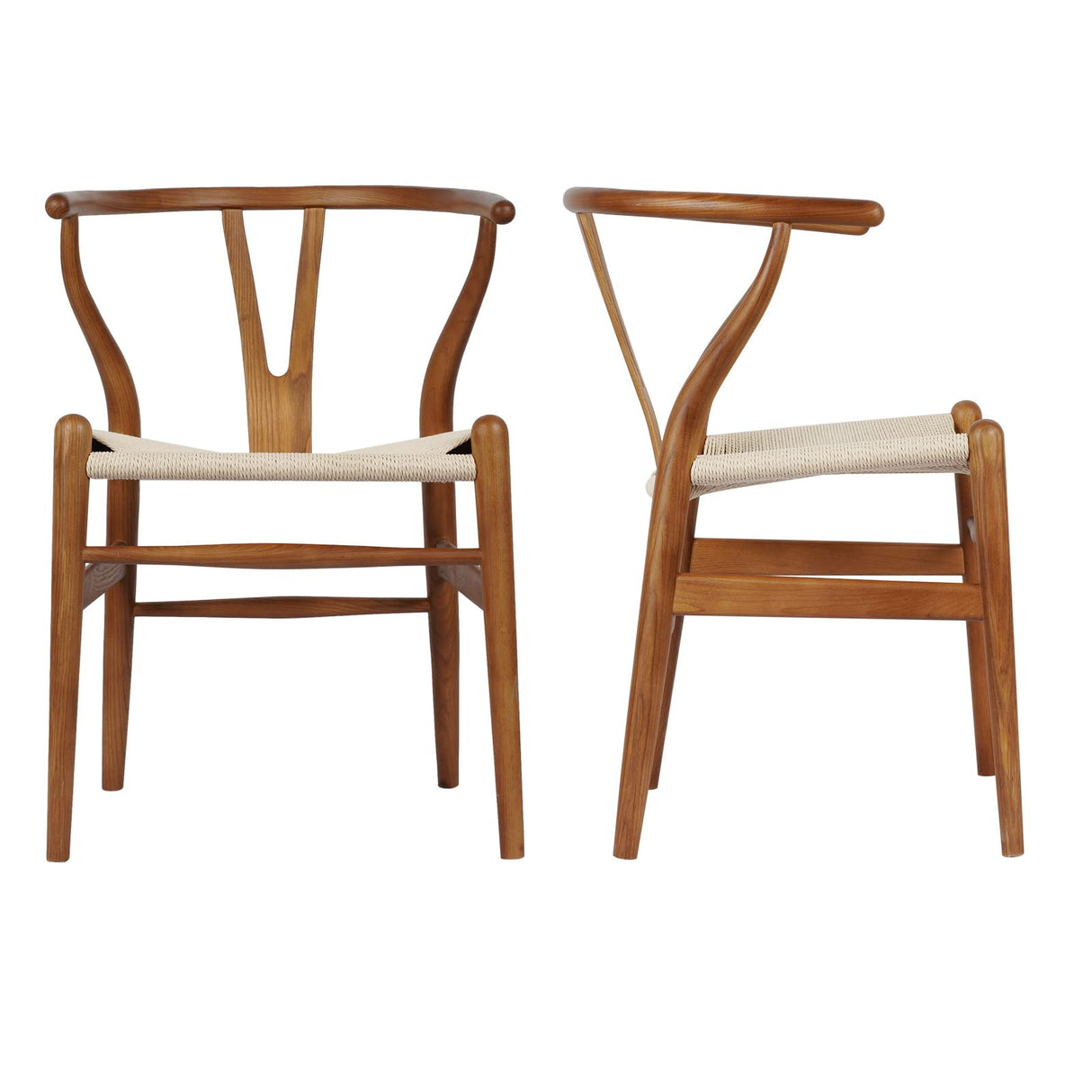 Tomile Set of 2 Wishbone Chair Solid Wood Y Chair Mid-Century Armrest Dining Chair, Hemp Seat (Ash Wood - Walnut) Tomile