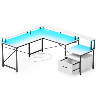 Rolanstar Computer Desk with File Drawer, 64" L Shaped Desk with Power Outlet & LED Strip, L Shaped Computer Corner Desk with File Cabinet, Gaming Desk with Monitor Shelf, Home Office Desk, White