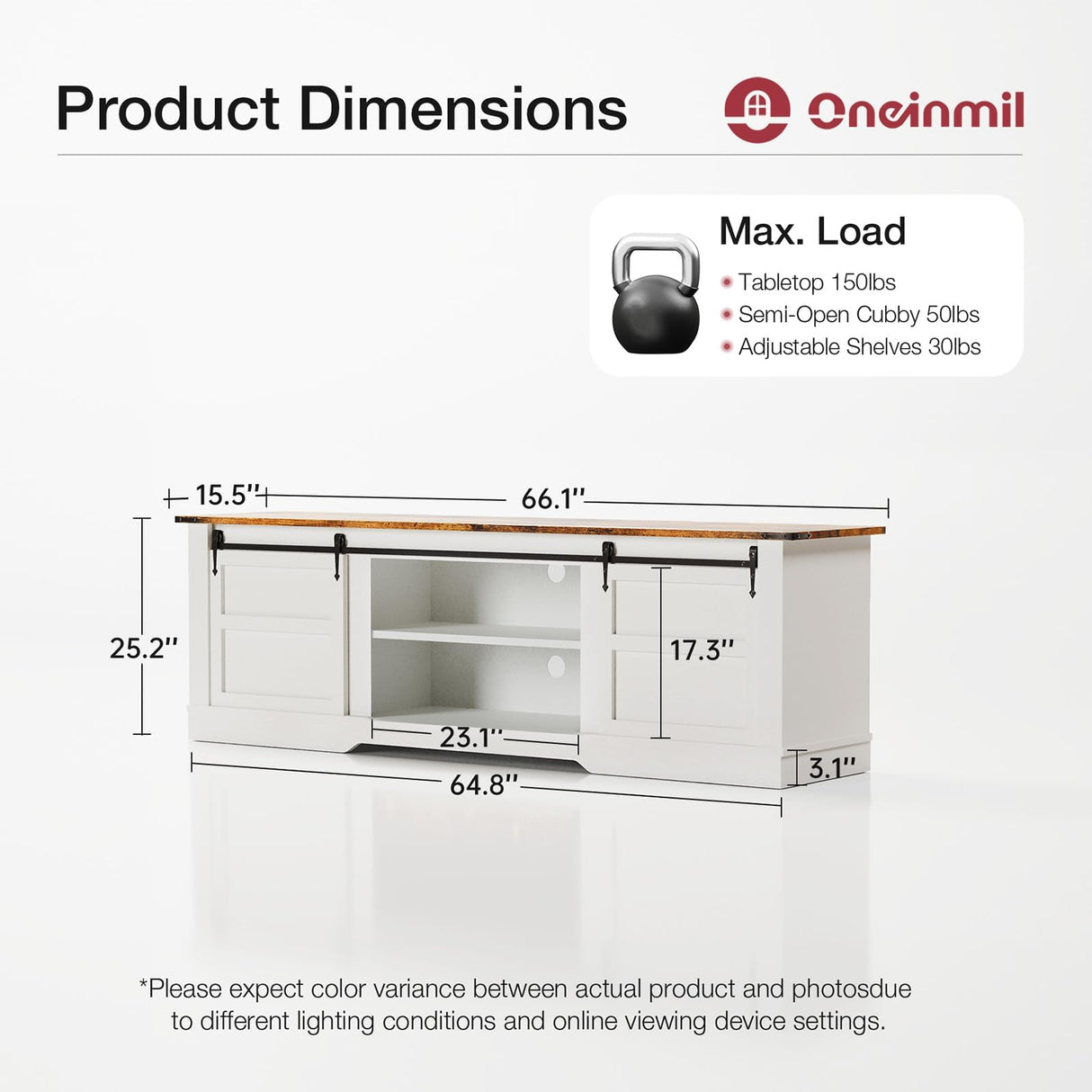 oneinmil 66” Farmhouse TV Stand, Modern Rustic Entertainment Center with Sliding Barn Door and Storage Cabinets, Metal Media TV Console with Set of Shelf for TVs up to 75”, White oneinmil