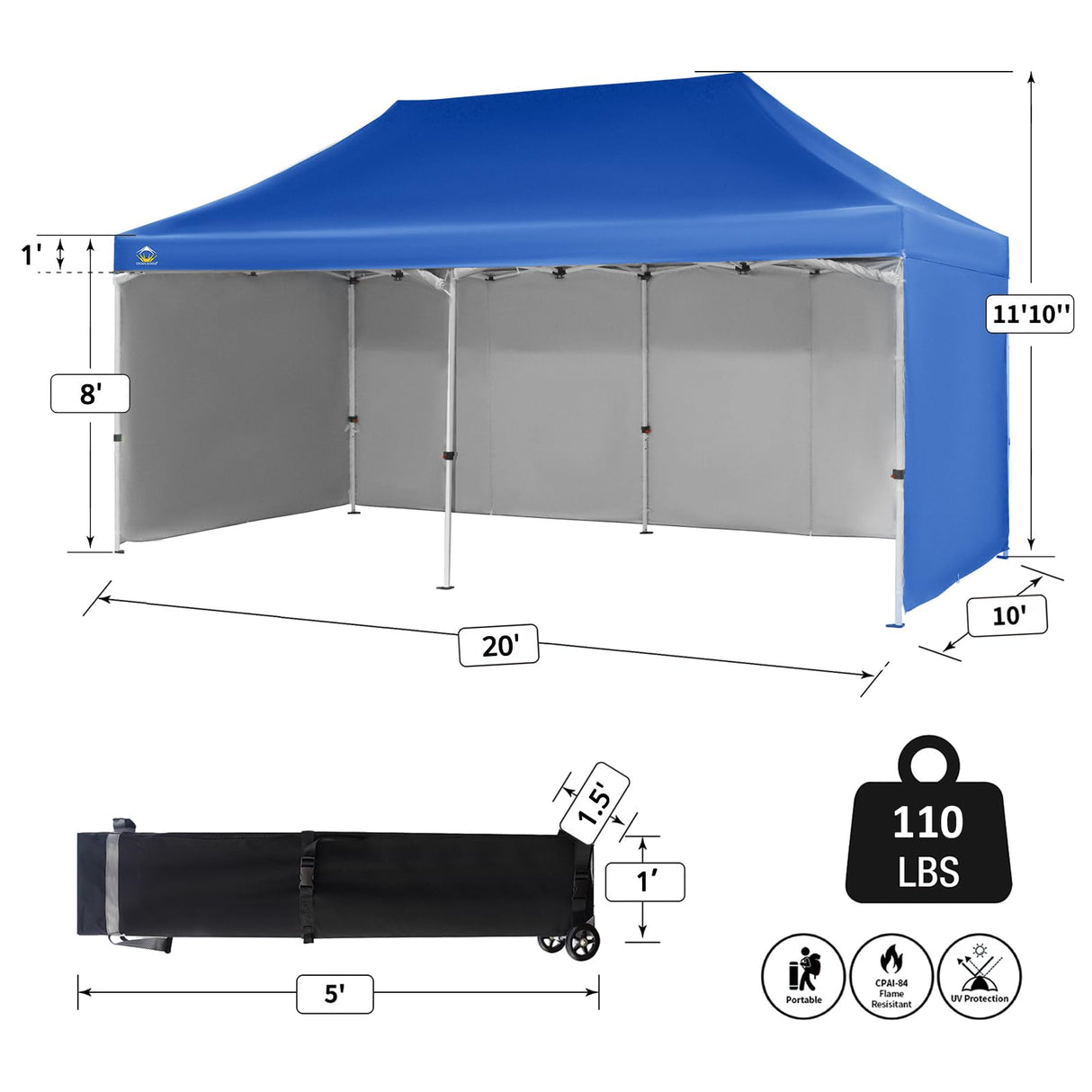 CROWN SHADES 10x20 Pop Up Canopy Tent, Thicken Frame Commercial Heavy Duty Tent, Silver-Coated with 4 Sidewalls 8 Stakes & 4 Sandbags & 4 Ropes, Outdoor Canopies for Events, Parties, Blue CROWN SHADES