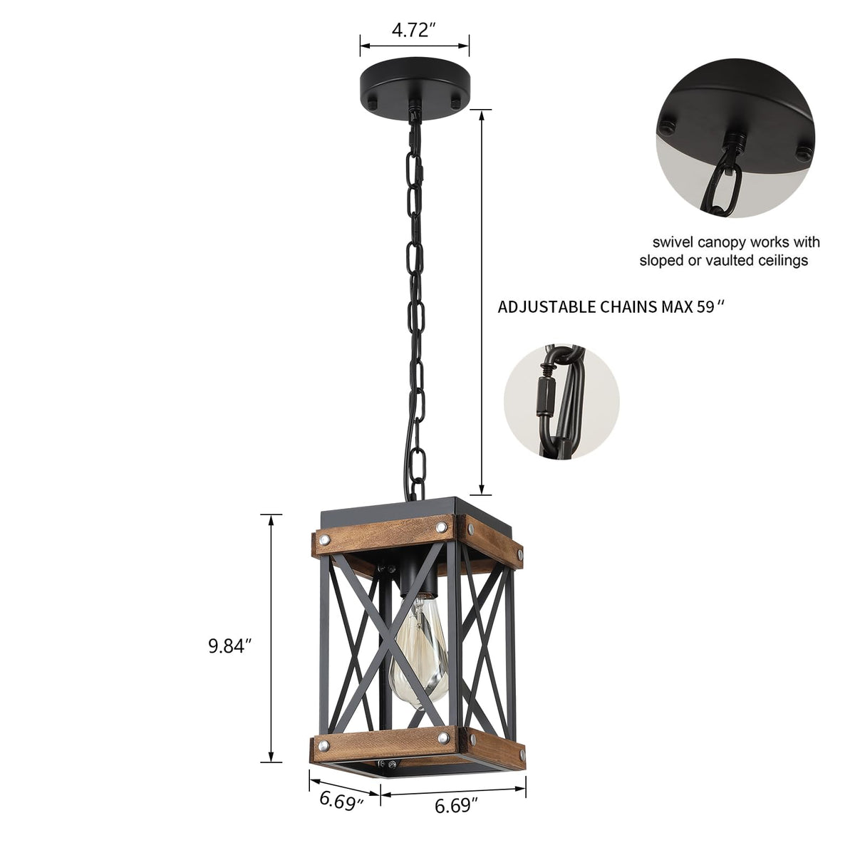 2 Pack Rustic Farmhouse Wood Pendant Light Fixture One-Light Adjustable Chain Oak Wood and Metal Lantern Cage Small Pendant Lighting for Kitchen Island Sink Hallway Farmhouse Bathroom Bar, Black RKUCSR
