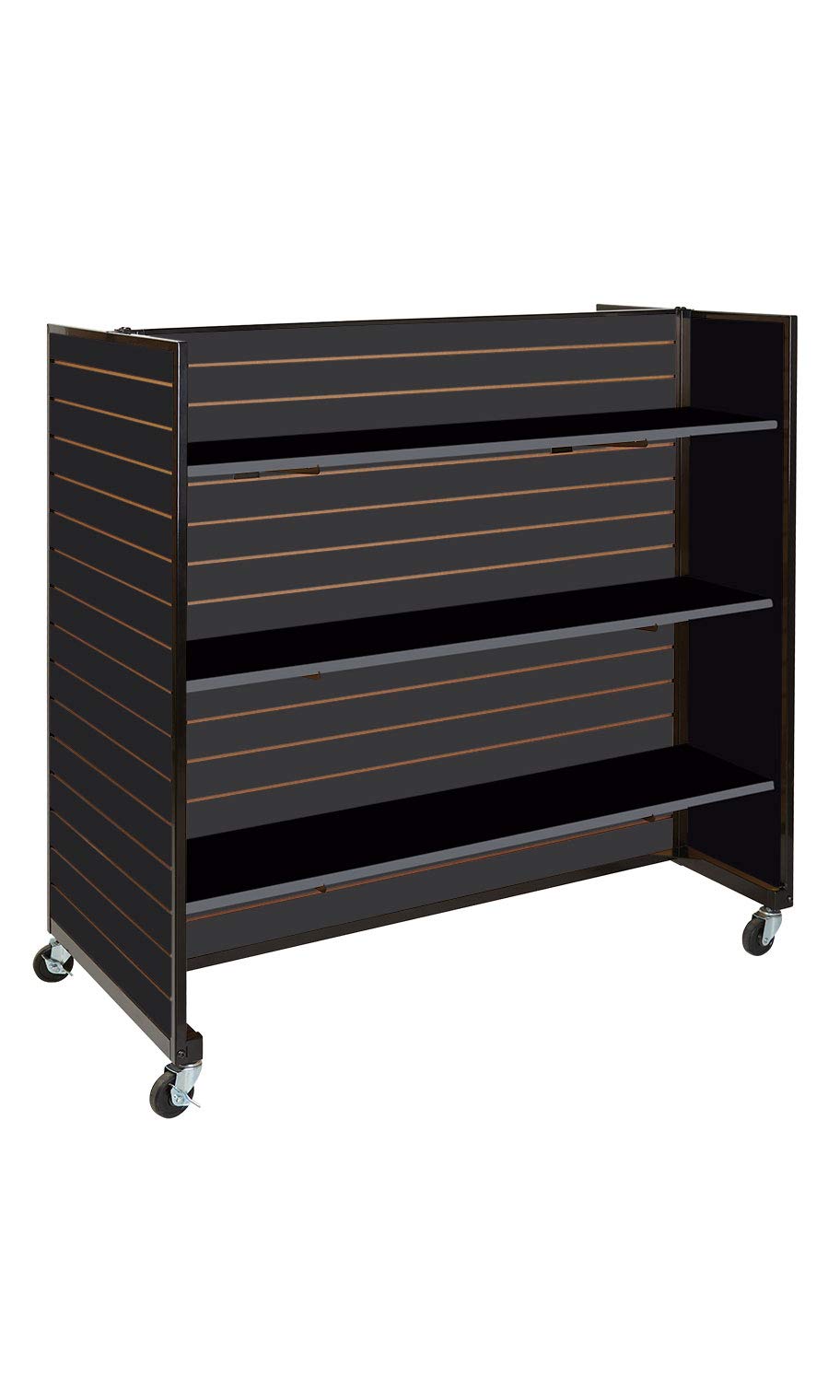 SSWBasics Black Metal Framed Rolling Slatwall Gondola with 6 Shelves - 50"W x 53" H Overall - Sleek and Sturdy Slatwall Display for Retail, Boutique, Home, Garage Storage Organizer - Moveable Retail SSWBasics