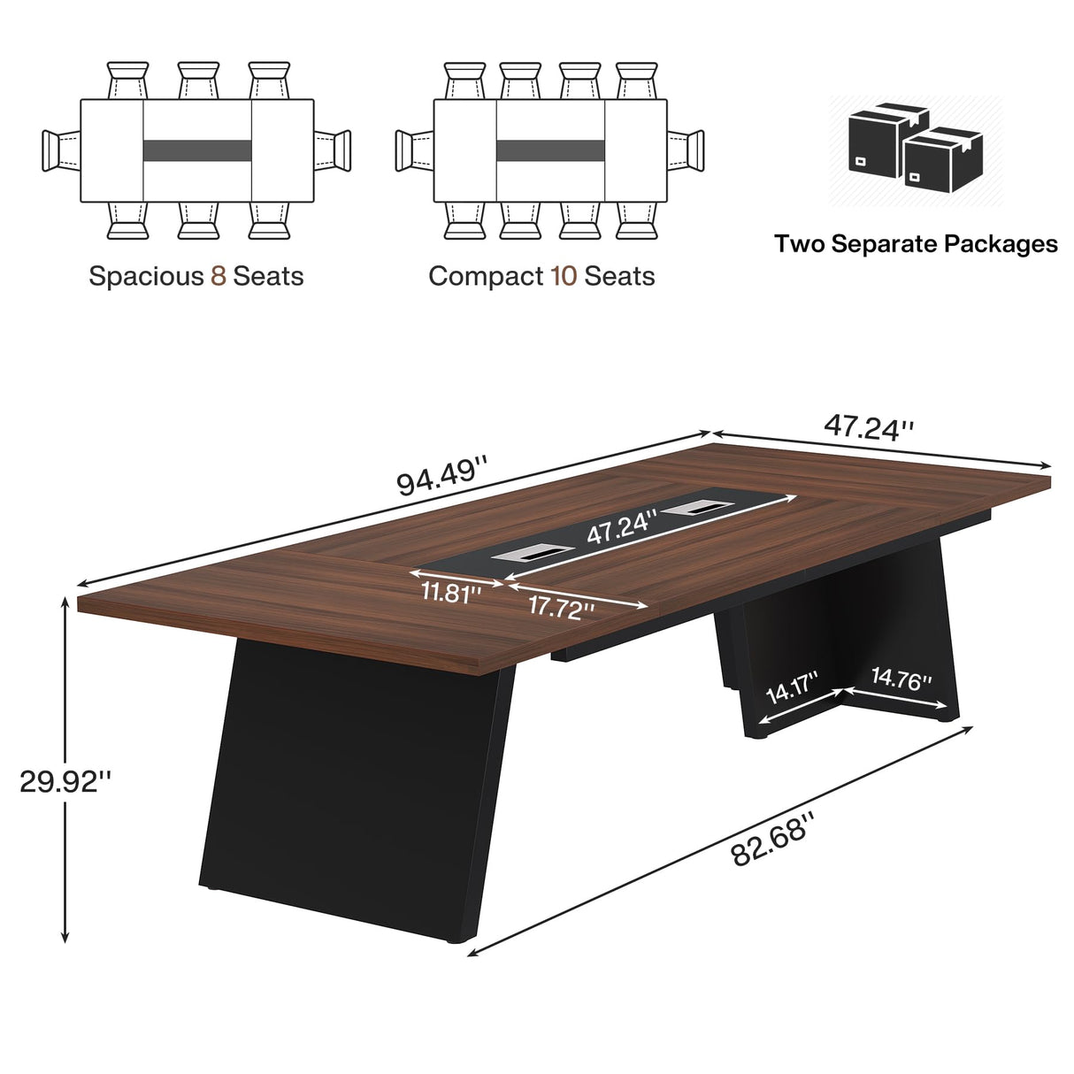 Tribesigns 8ft Conference Table, Modern Office Meeting Room Table with Cable Management, Large Business Seminar Furniture for Boardroom, Walnut and Black Tribesigns