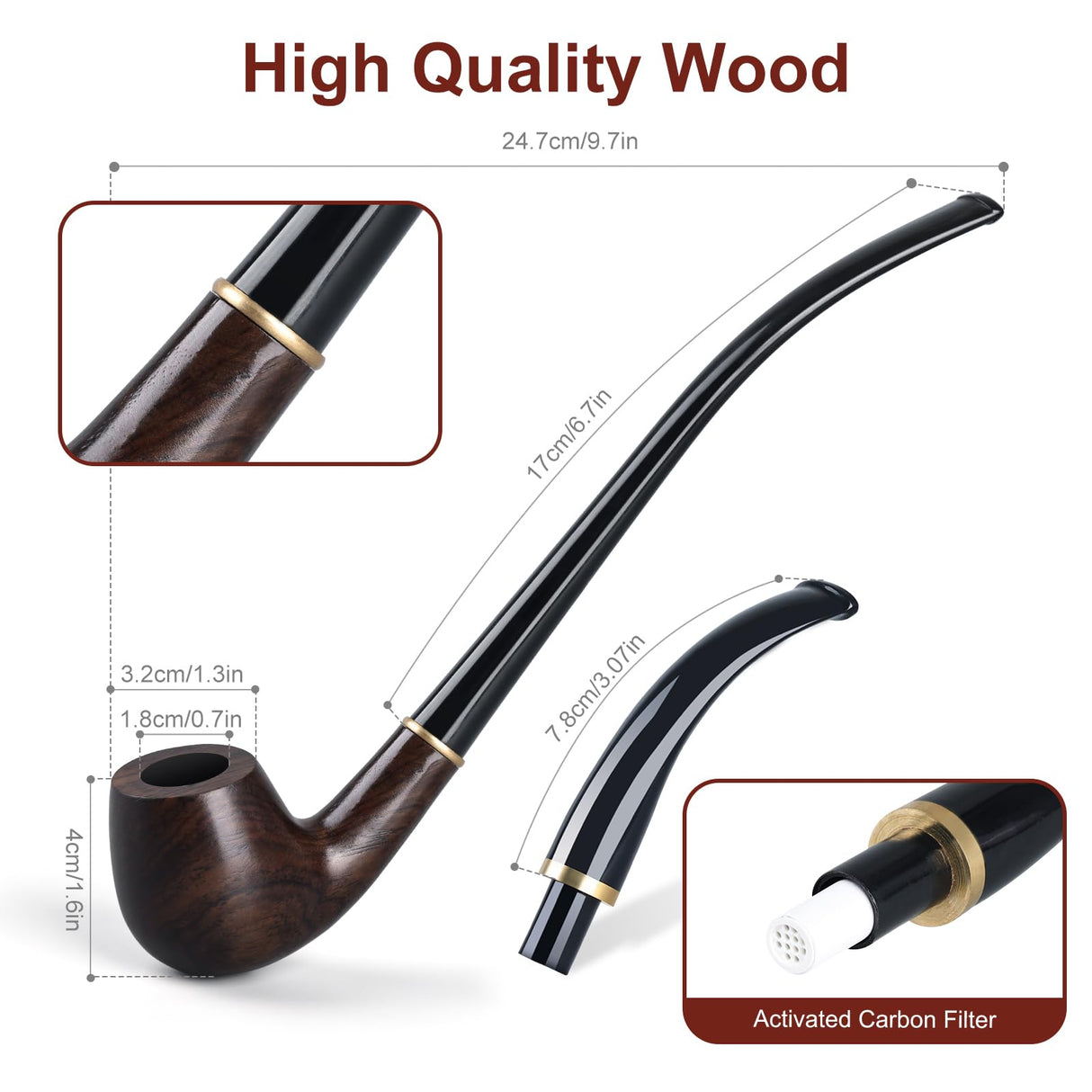 Joyoldelf Ebony Tobacco Pipe Set - Handmade Smoking Pipe with Replaceable Stem, Wood Pipe with Pipe Stand, 9mm Filter and Smoking Accessories, Pipe Starter Kit with Gift Box for Beginner Joyoldelf