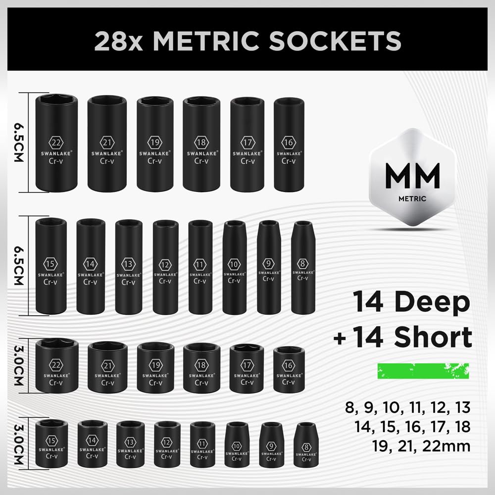 SWANLAKE 3/8" Drive Impact Socket Set, 50-Piece Standard SAE (5/16 to 3/4 inch) and Metric (8-22mm) Size, 6 Point, Cr-V, 3/8-Inch Ratchet Handle, Extension Bar, Universal Joint SWANLAKE GARDEN TOOLS