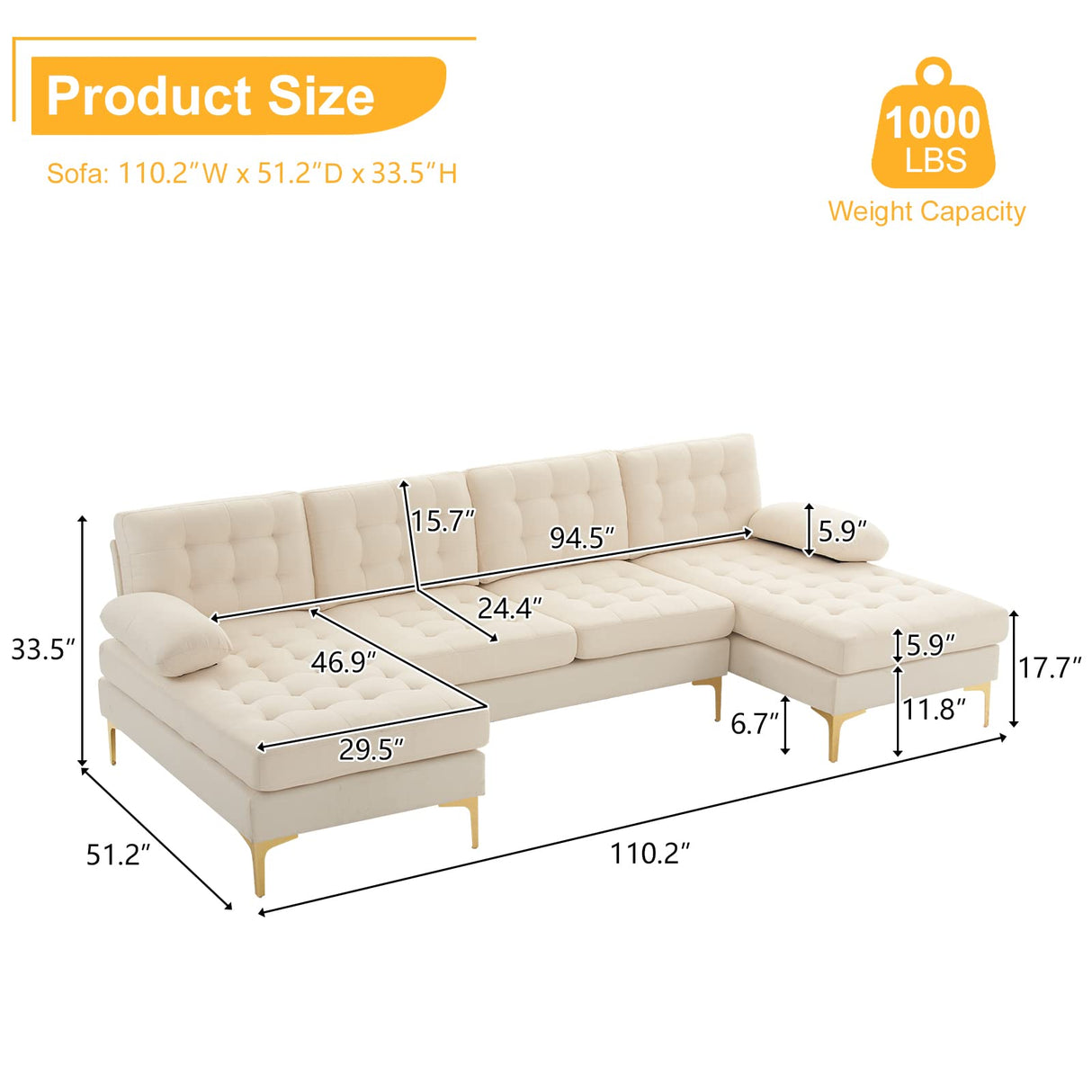 Karl home Sectional Sofa 110" U-Shape Sofa Couch Linen Fabric Upholstered with Double Chaises, Lattice Decorated, for Living Room, Apartment, Studio, Office, Creamy-White Karl home