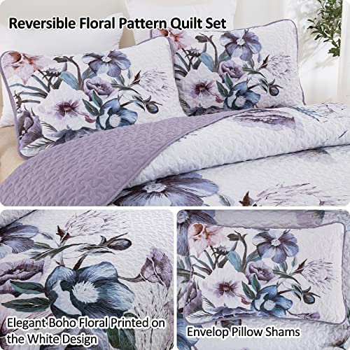 Drucon Purple Floral Quilt Set King Size 3 Pieces Purple Botanical Flower Quilt Coverlet Set Soft Microfiber Lightweight Quilted Bedspread for All Season 104"x90" Drucon