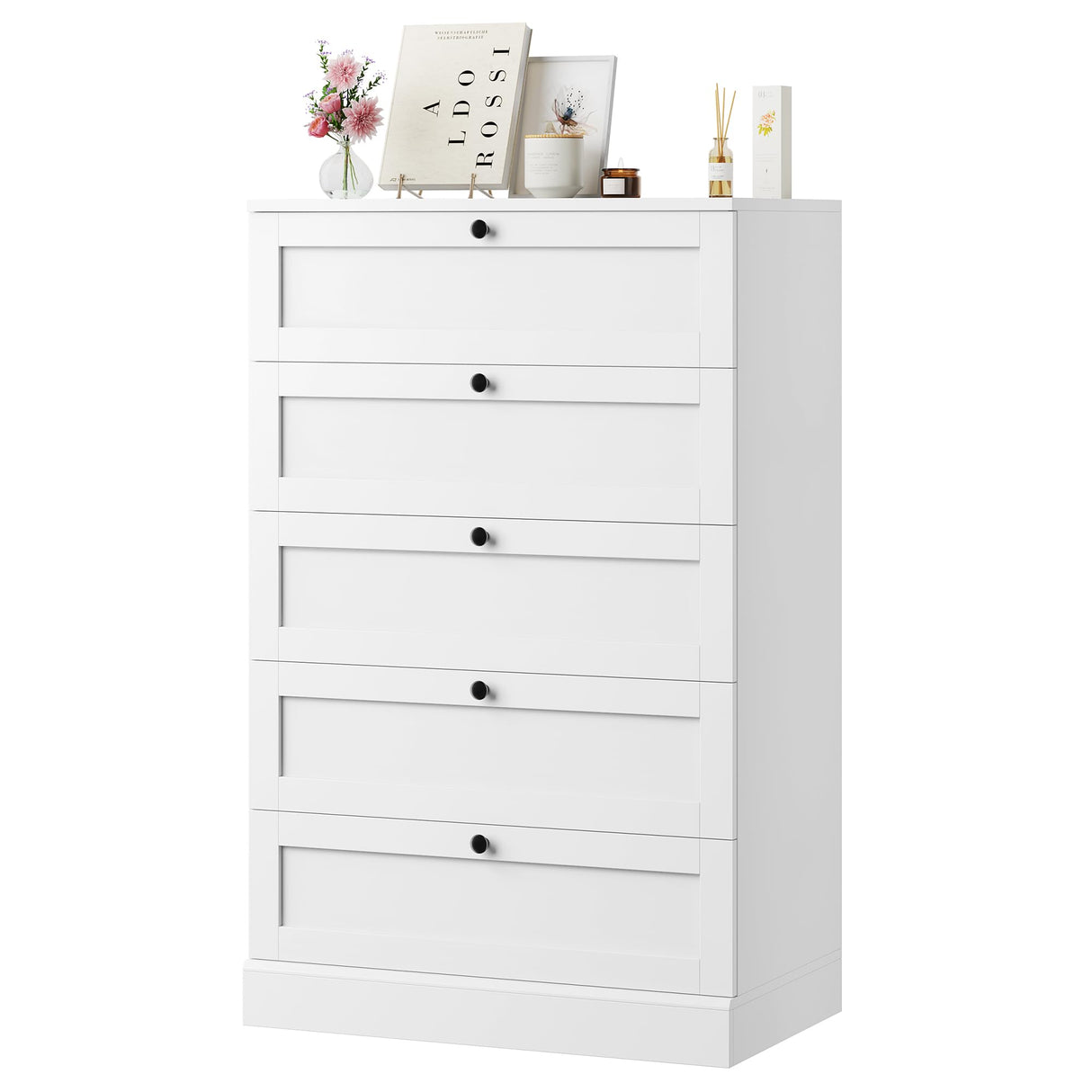 HOSTACK 5 Drawer Dresser for Bedroom, 43.7" Tall Dresser & Chest of Drawers, 29" W Drawer Chest with Metal Handles, Wood Vertical Dresser Storage Cabinet for Living Room, Hallway, Entryway, White HOSTACK