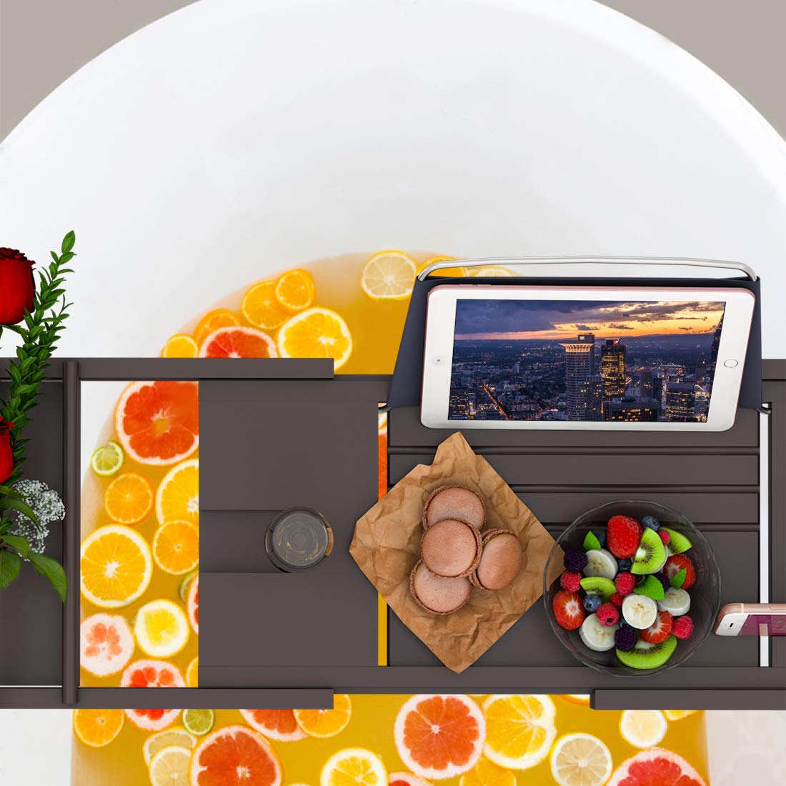 Bathtub Caddy Tray for Luxury Bath - Bamboo Waterproof Expandable Bath Table Over Tub with Wine and Book Holder and Free Soap Dish (Brown) Bamfan