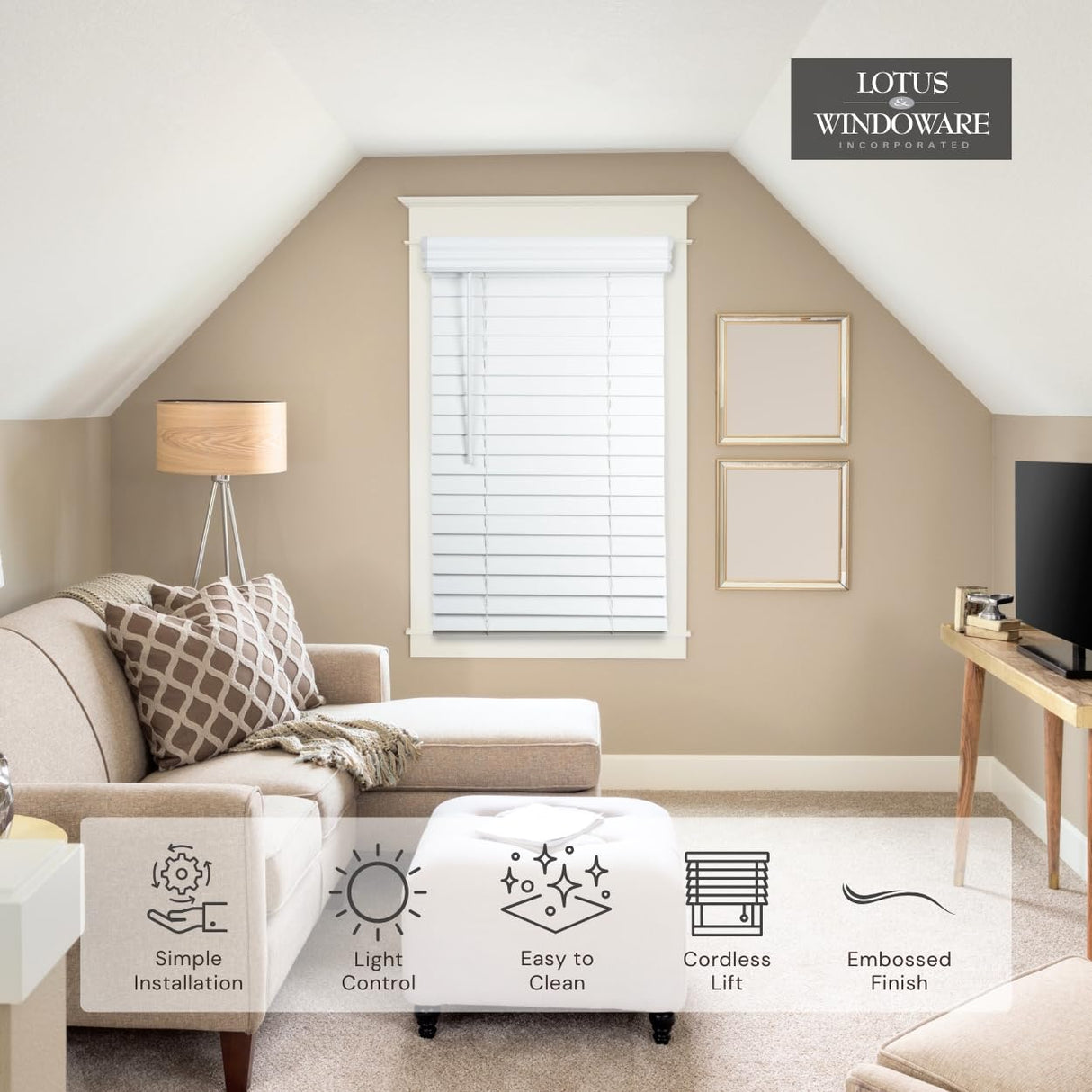 Lotus & Windoware Cordless, 2 Inch Faux Wood Blind, 33" Wide x 72" Long, Window Blinds, Blinds & Shades, Blinds for Indoor Windows, Embossed, Bright White LOTUS & WINDOWARE