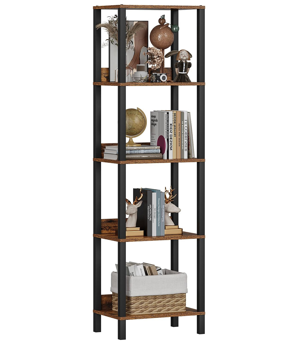 VIMBER 5-Tier Bookshelf with Anti-Fall Baffle, Tall Bookcase for Books, Garage Kit, CDs, Movies, Industrial Standing Bookshelves Storage Organizer for Bedroom Office Living Room USSJ001F VIMBER