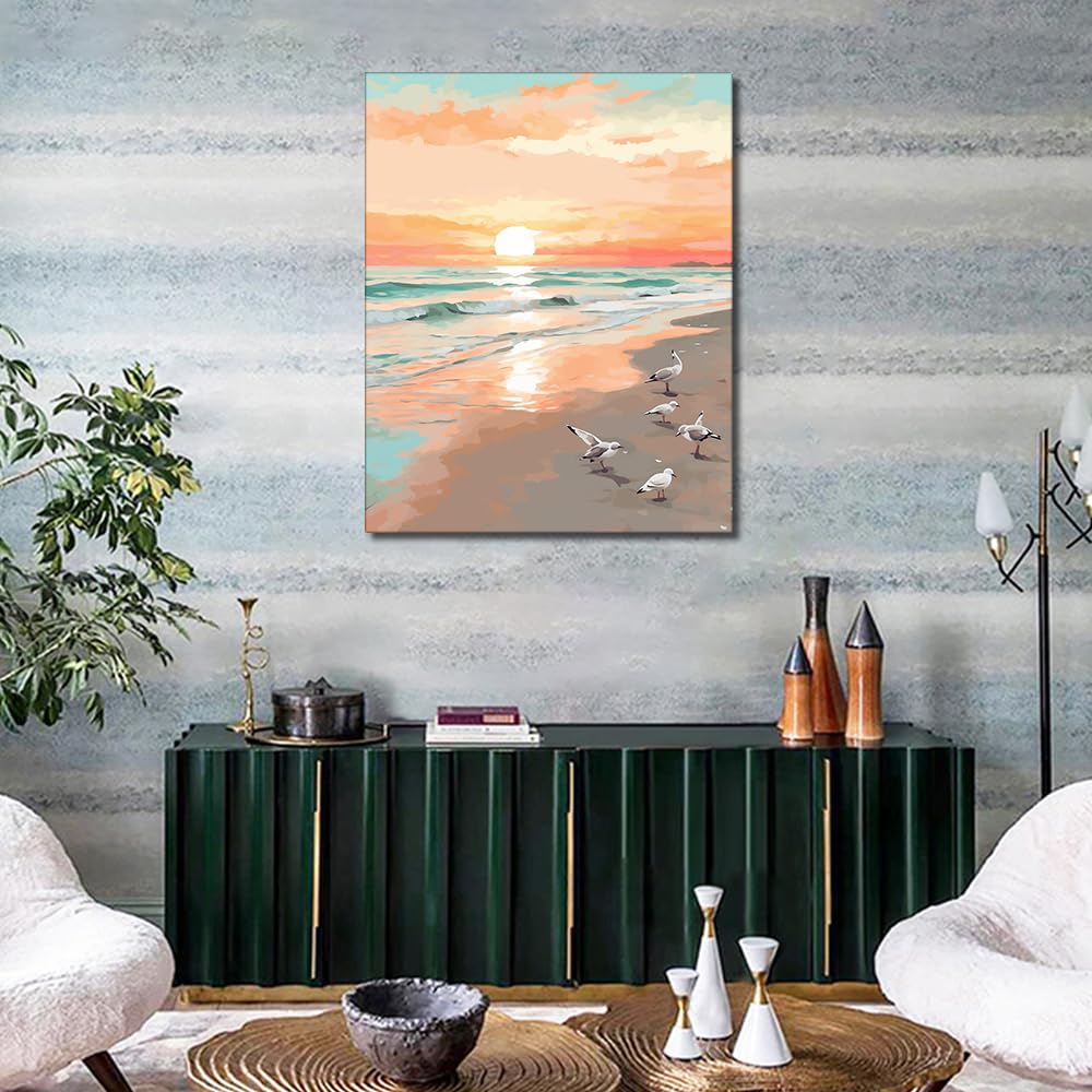TUMOVO Beach Paint by Numbers Kit for Adults, Adult Paint by Number Seagulls, DIY Acrylic Paint by Numbers Kits on Canvas Abstract Landscape, Oil Painting for Gift Home Wall Decor 16"x20"(Frameless) TUMOVO