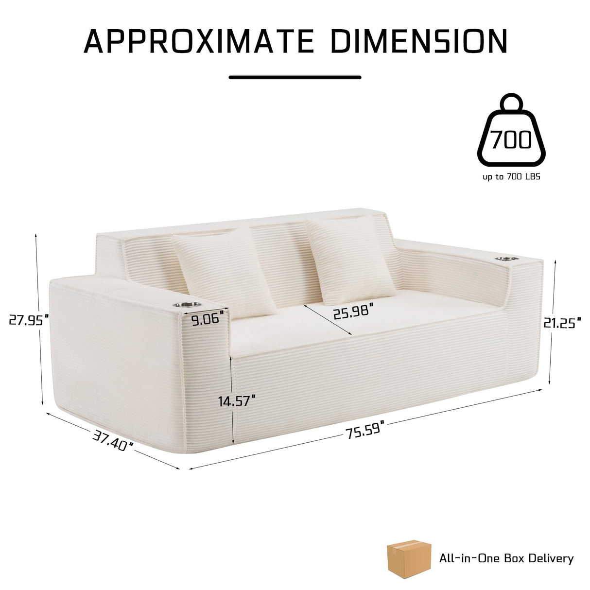 ATOMHOME 75'' Cloud Loveseat Sofa, Boneless Couch with Cup Holder, No Assembly Required Cloud Couch, Comfy Deep Seat Sofas, Corduroy Couches, Boneless Couches for Living Room Bedroom, Apartment, Beige ATOMHOME