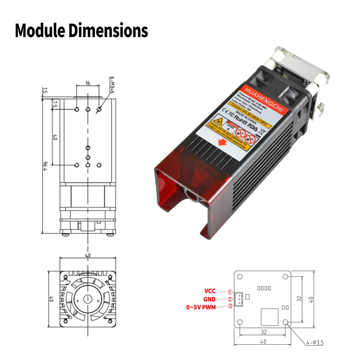 HUAHENGCHI 5000mW(5W) Laser Engraver Module w/Wind Gathering Hood, 450nm 23mm Fix Focus Laser Head for CNC Machines, DIY Laser Engraving Tool Suitable for Metal Wood Acrylic Paper, Class 4, 12V HUAHENGCHI