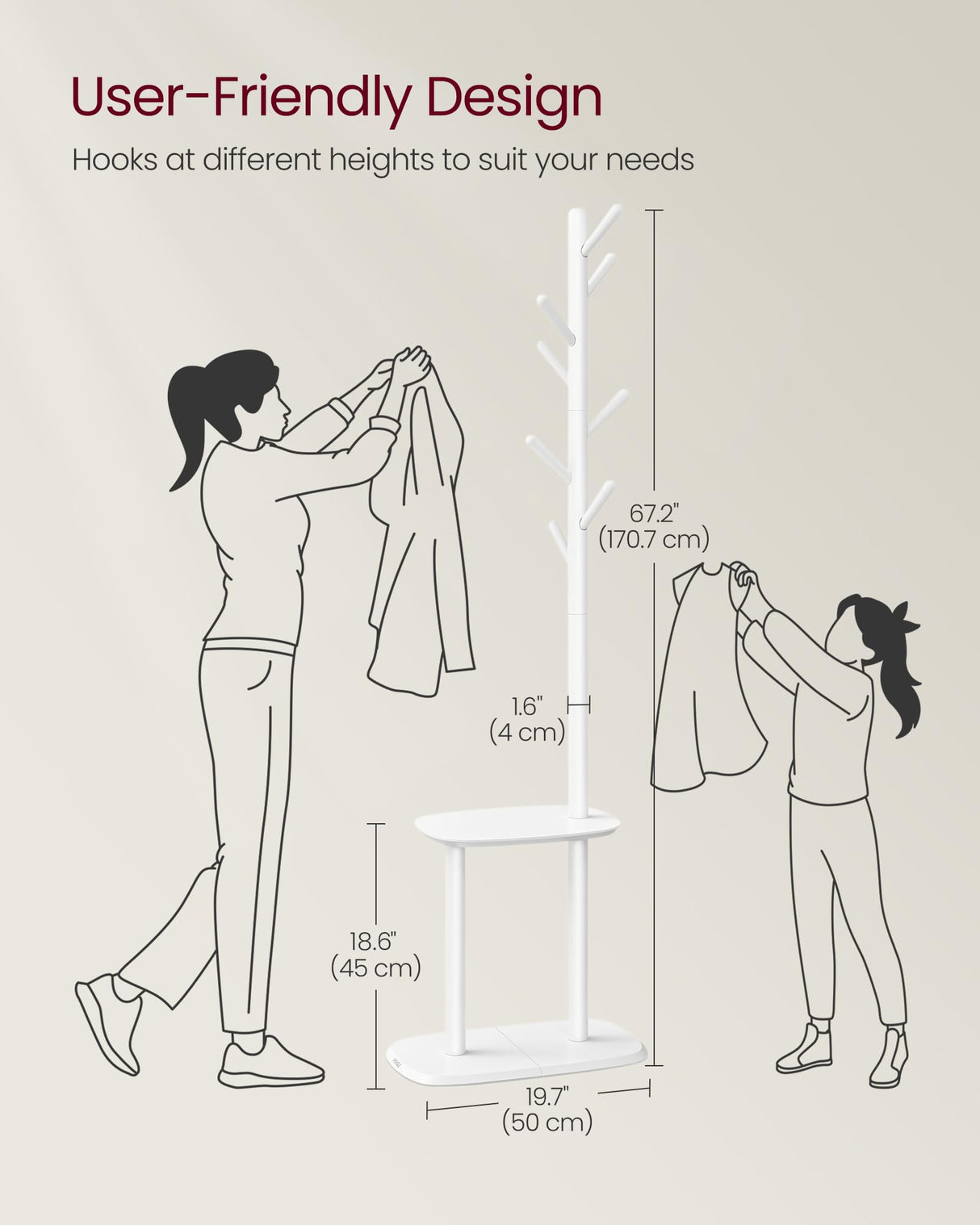 VASAGLE Coat Rack, Free Standing Coat Stand, Hall Coat Tree with 8 Hooks and Storage Shelf, 67.2 Inch Tall, for Coats, Hats, Bags, for Entryway, Hallway, Bedroom, Cloud White URCR040W01 VASAGLE