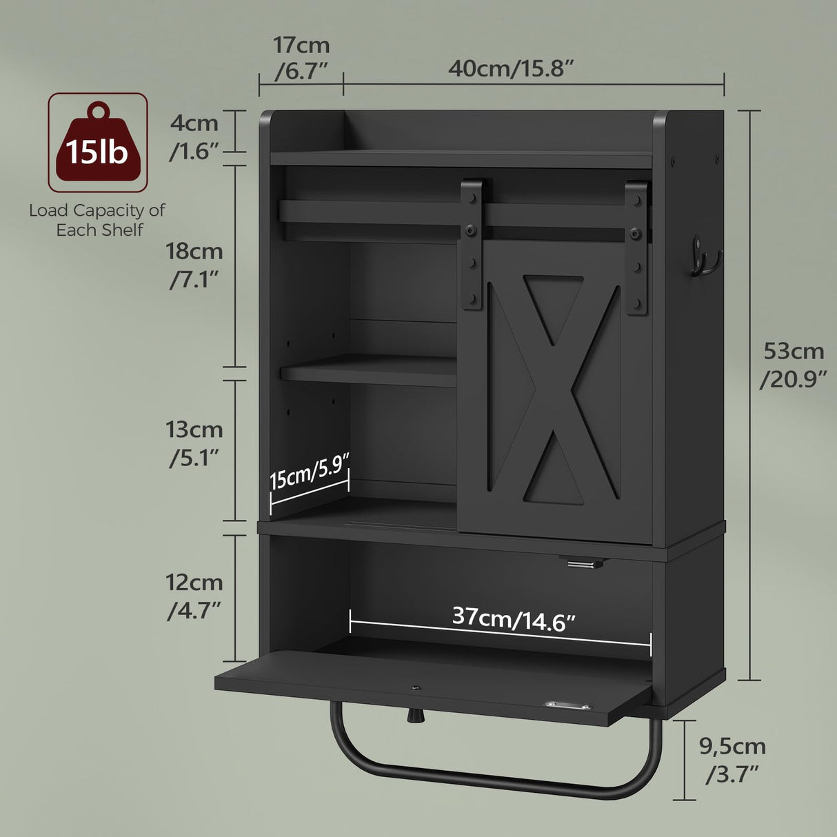 MAHANCRIS Bathroom Wall Cabinet, Farmhouse Medicine Cabinets with Sliding Door, Wall Mounted Storage Cabinet with Adjustable Shelf and Towel Bar, for Bathroom, Living Room, Kitchen, Black MAHANCRIS