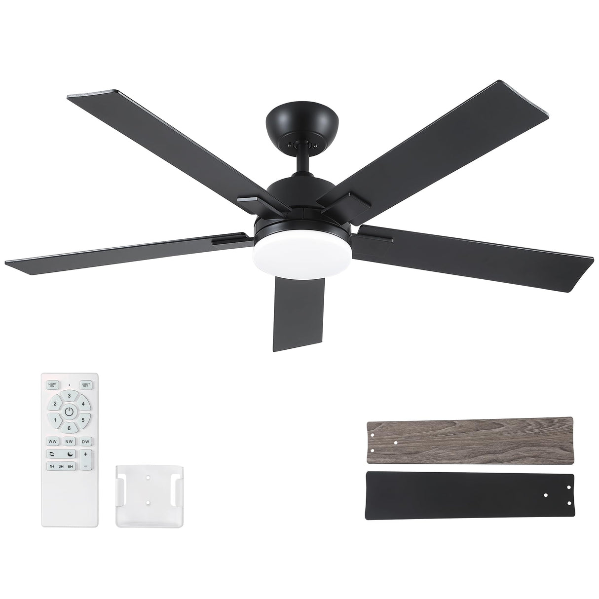 52 Inch Ceiling Fans with Lights and Remote, Black Ceiling Fan with 5 Blades, 6 Speed Reversible DC Motor, 3CCT Dimmable LED, Modern Design for Bedroom, Living room & Covered Outdoor,Includes Downrod Rayqueen