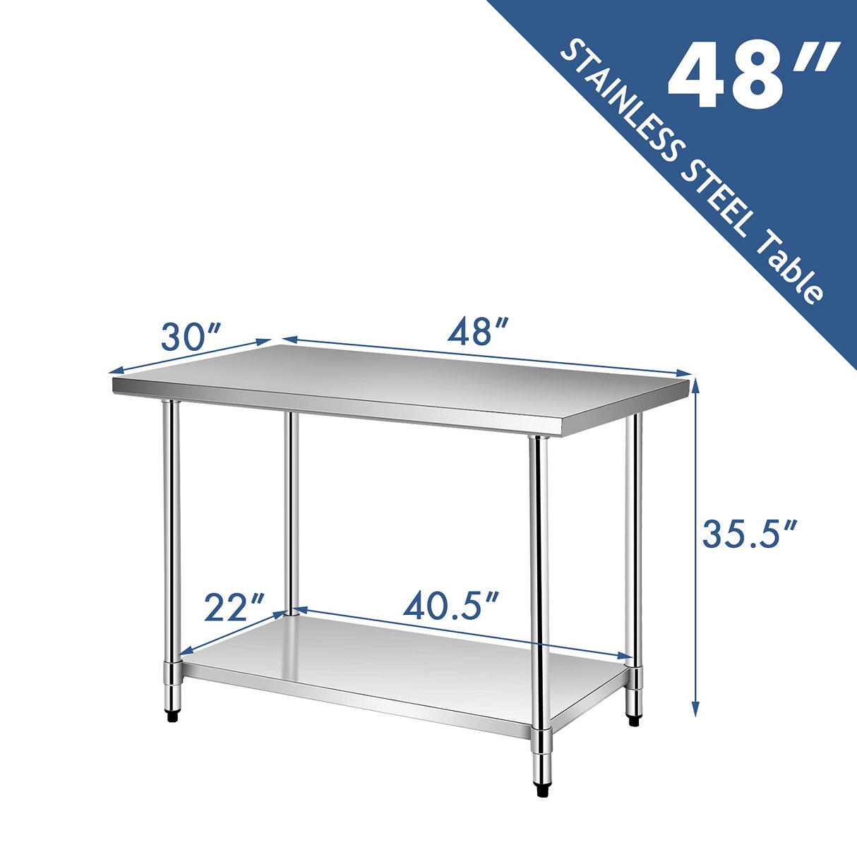 Waterjoy 48" x 30" Stainless Steel Table with Adjustable Shelf for Prep & Workstations Commercial Heavy Duty worktables WATERJOY