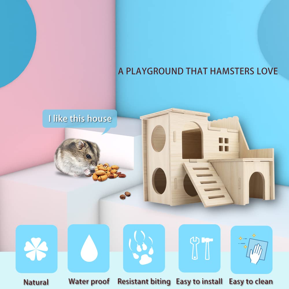 Tiny Hamster Maze Wood House Fun Slide House Double-Decker Hut for Dwarf Gerbil Mouse Mice Rat Small Animals(Only for Small Hamster) kcrygogo