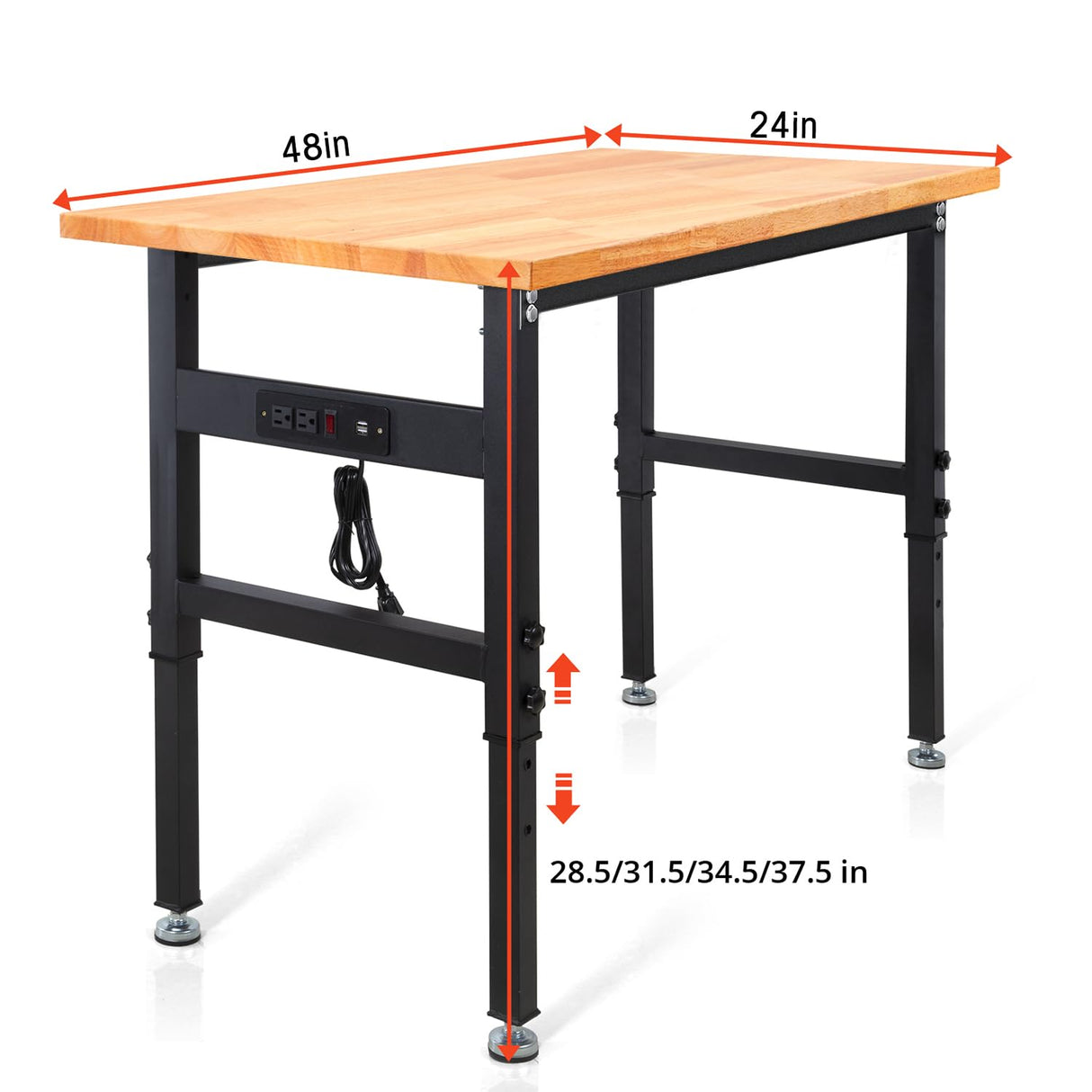 48" Adjustable Workbench, Rubber Wood Top Heavy-Duty Workstation, 2000 LBS Load Capacity Hardwood Worktable with Power Outlets for Garage, Workshop, Office, Home HONRISE